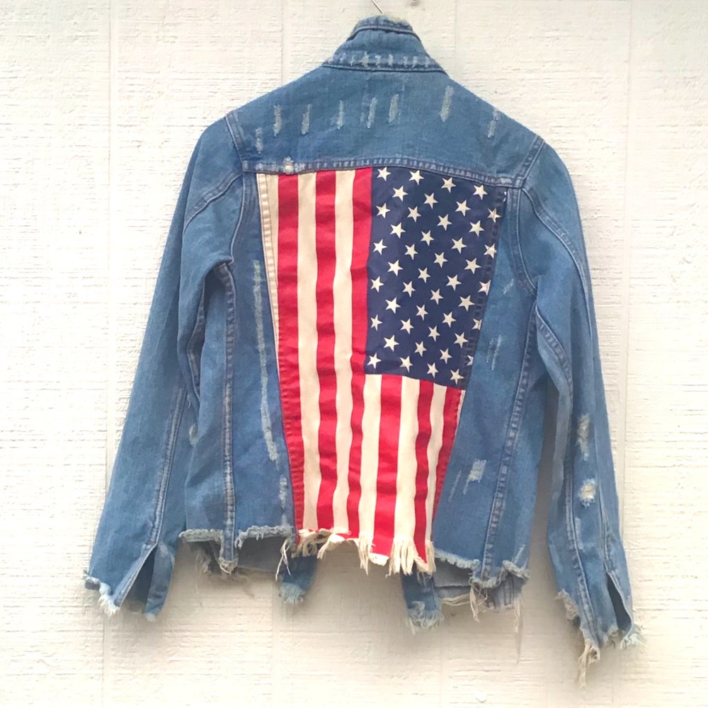 UNIF American flag denim jean distressed spikes jacket